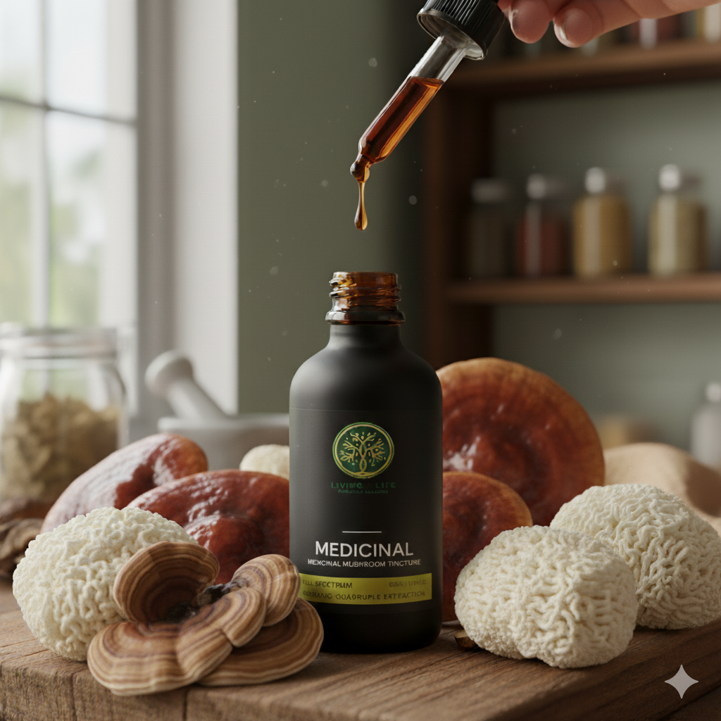 Bottle of medicinal mushroom extract with a dropper for measuring the concentrated, bioavailable form of medicinal fungi for precise medical use